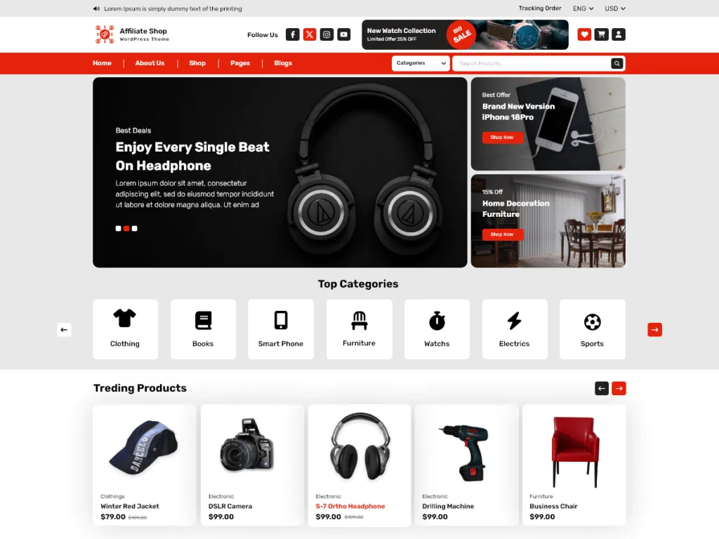 Affiliate Store WordPress theme with product boxes for affiliates