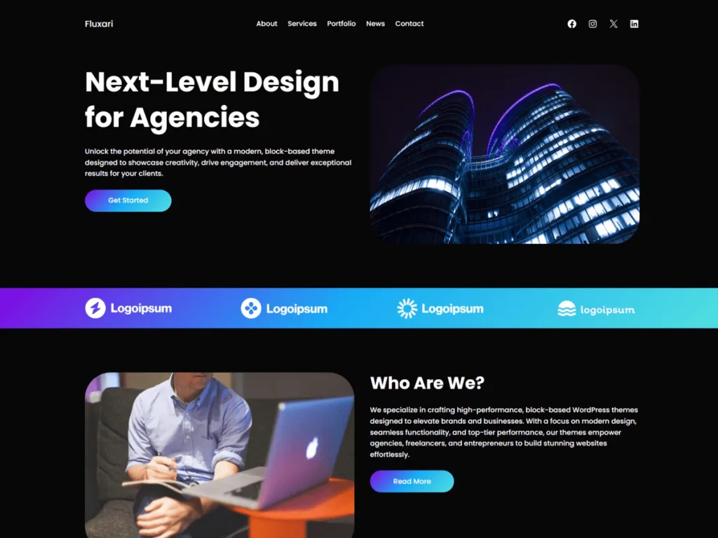 Fluxari WordPress theme for modern UX portfolios