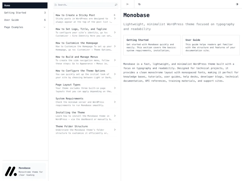 Monobase single-page documentation WordPress theme
