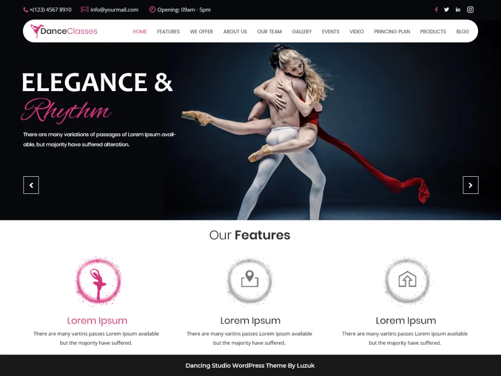 Nataraj Dance Studio free WordPress theme with class sections