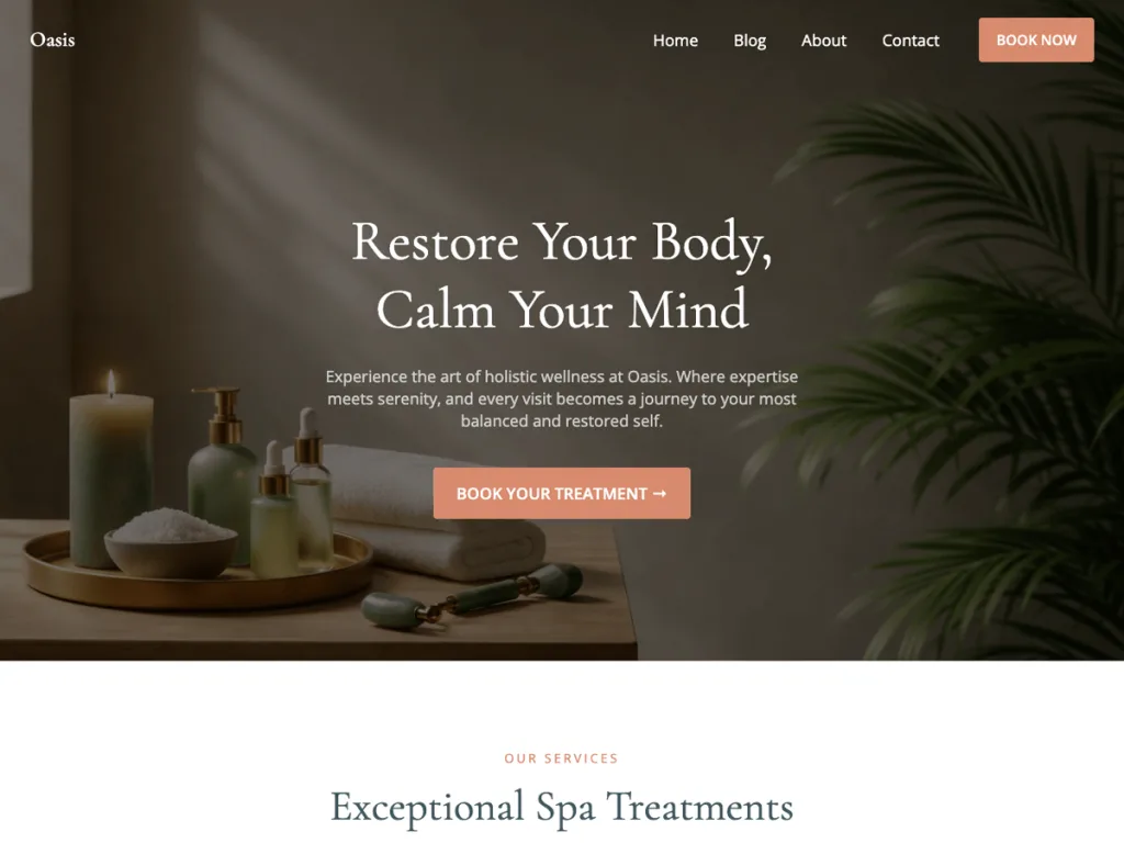 Oasis Wellness and Spa WordPress theme for massage therapists